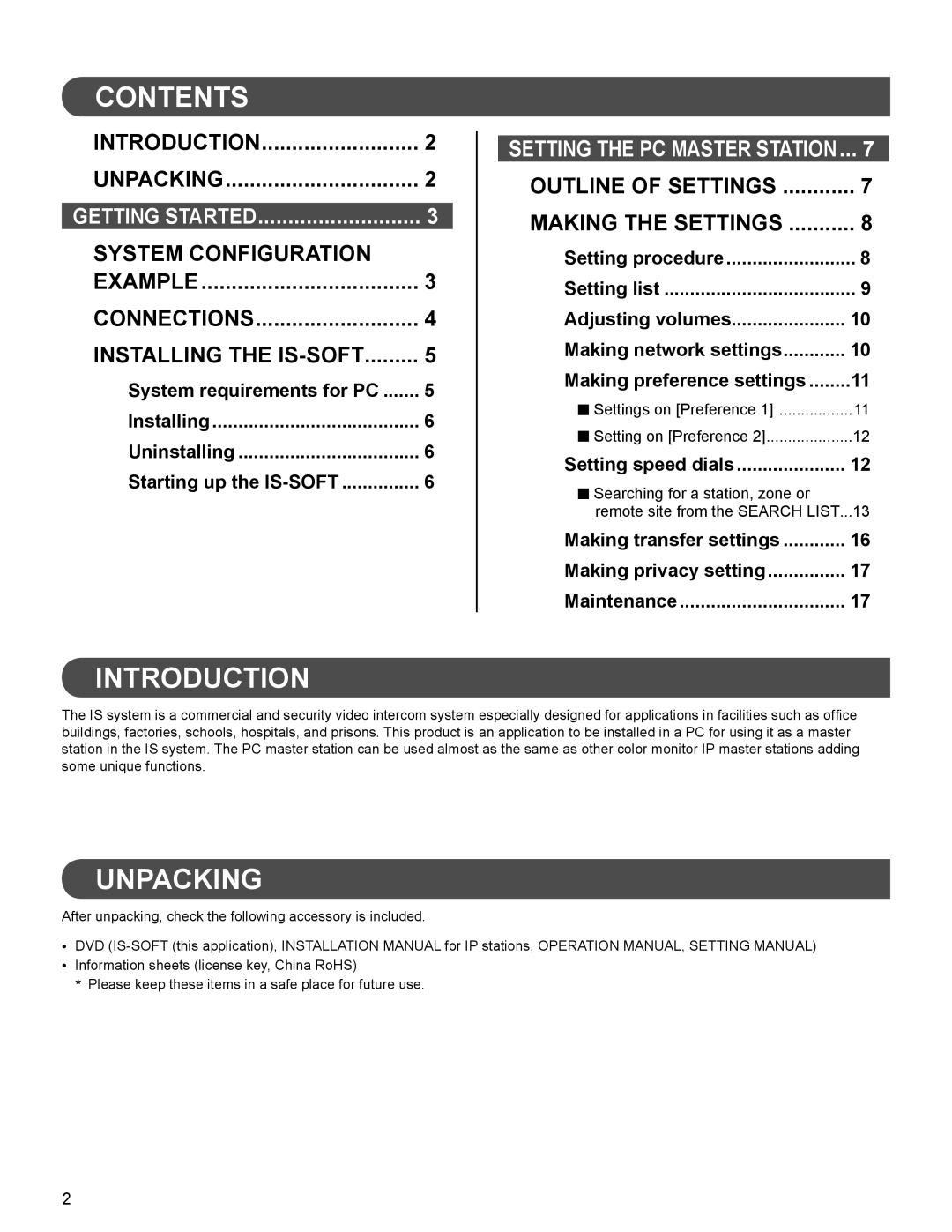 Aiphone 514426 A 0611YZ operation manual Contents, Introduction, Unpacking 