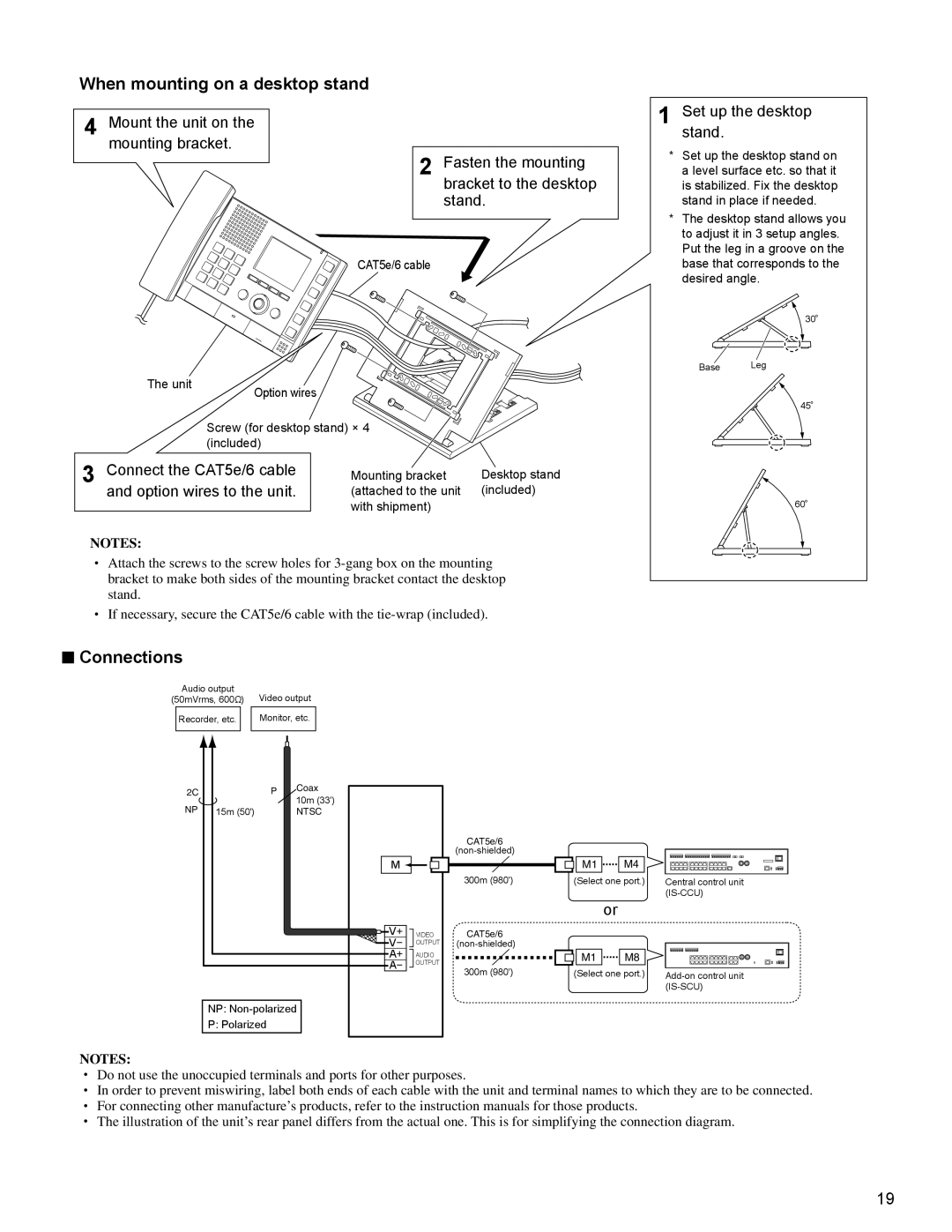 Aiphone 834168 C P0811JZ When mounting on a desktop stand, Connect the CAT5e/6 cable, Option wires to the unit 