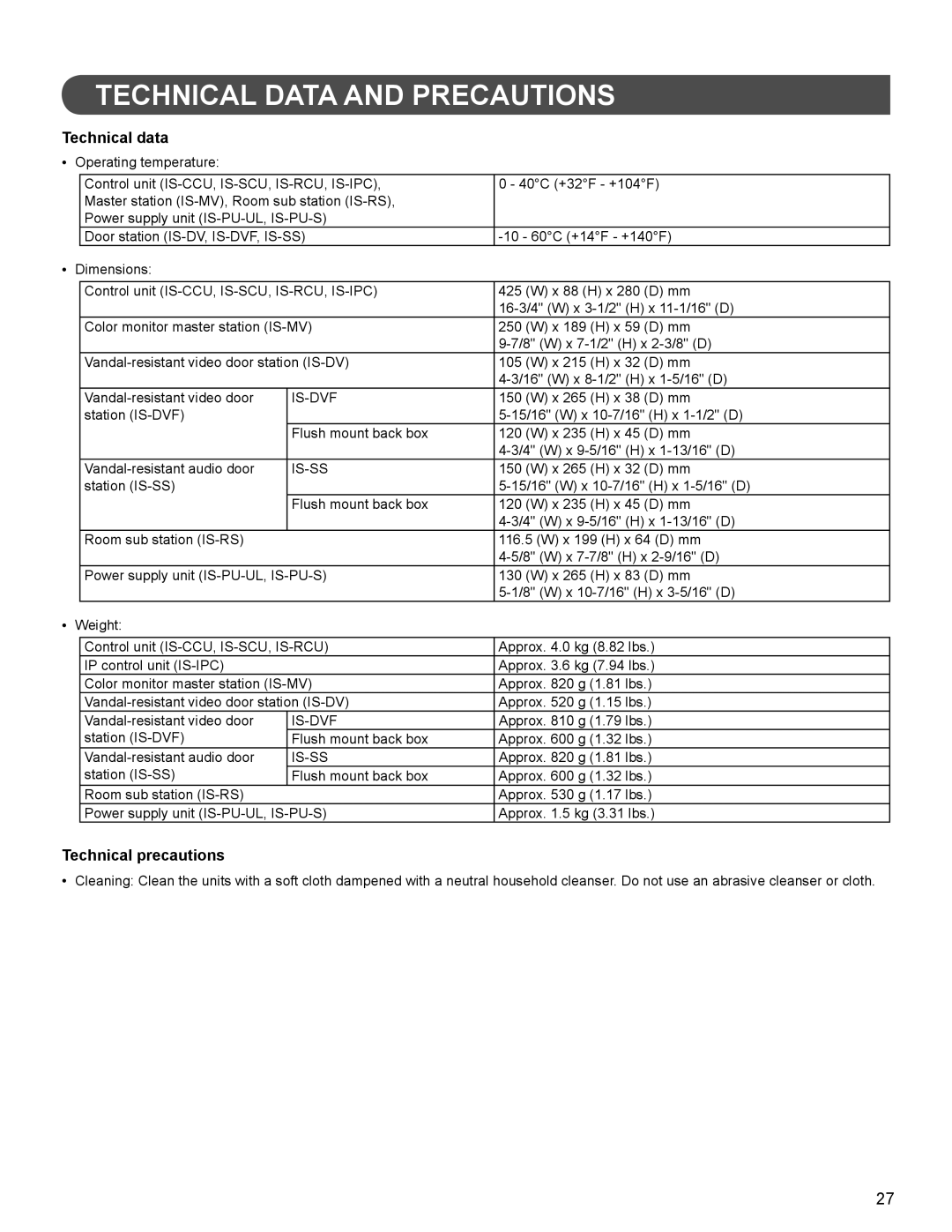 Aiphone 834168 C P0811JZ installation manual Technical Data and Precautions, Technical data, Technical precautions 