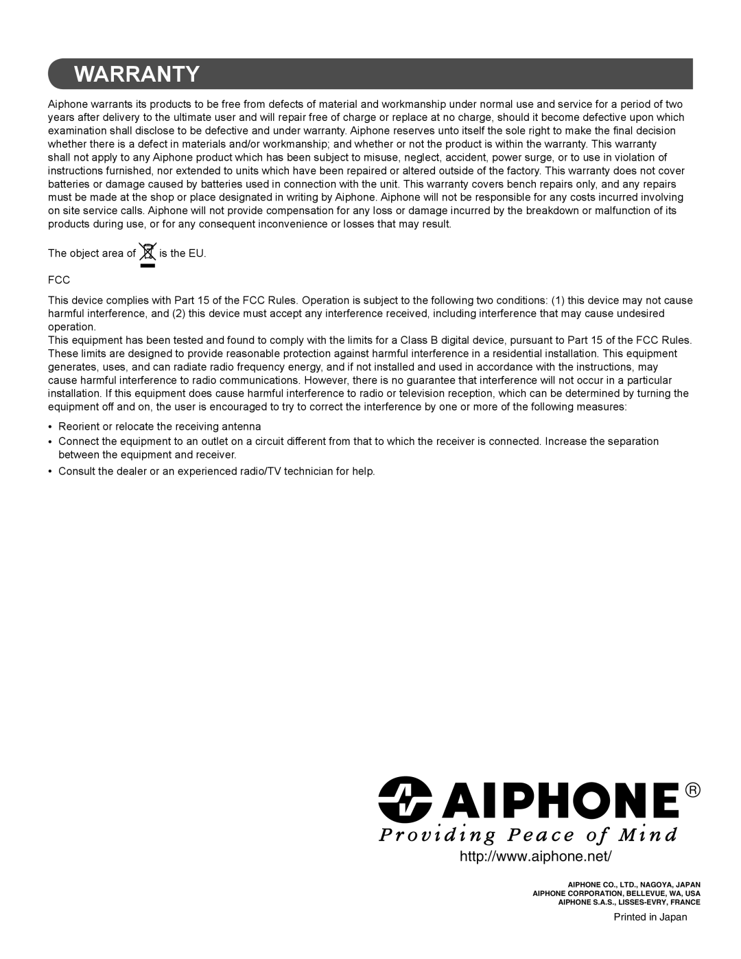 Aiphone 834168 C P0811JZ installation manual Warranty, Fcc 