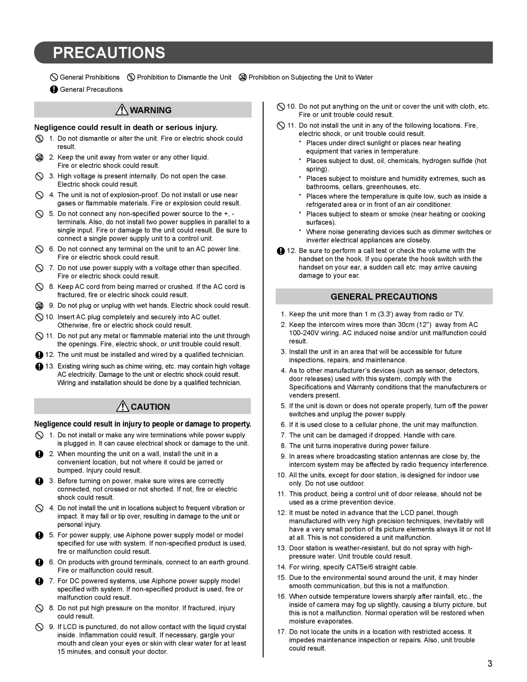 Aiphone 834168 C P0811JZ installation manual Precautions, Negligence could result in death or serious injury 