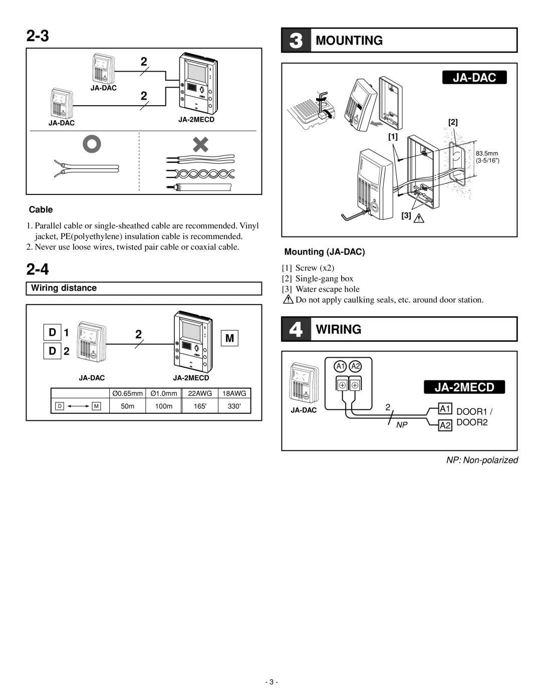 Aiphone 834584 0704 A installation manual Mounting, Wiring, JA-2MECD 