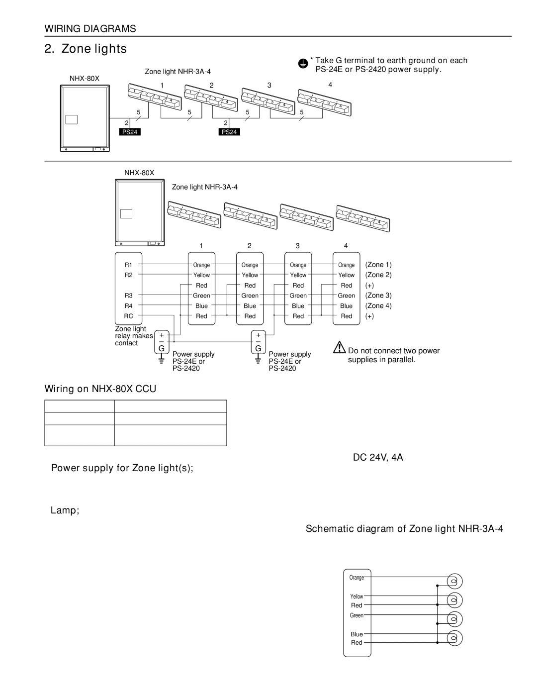 Aiphone 83873900 0602 E installation manual Power supply for Zone lights,  Schematic diagram of Zone light NHR-3A-4 