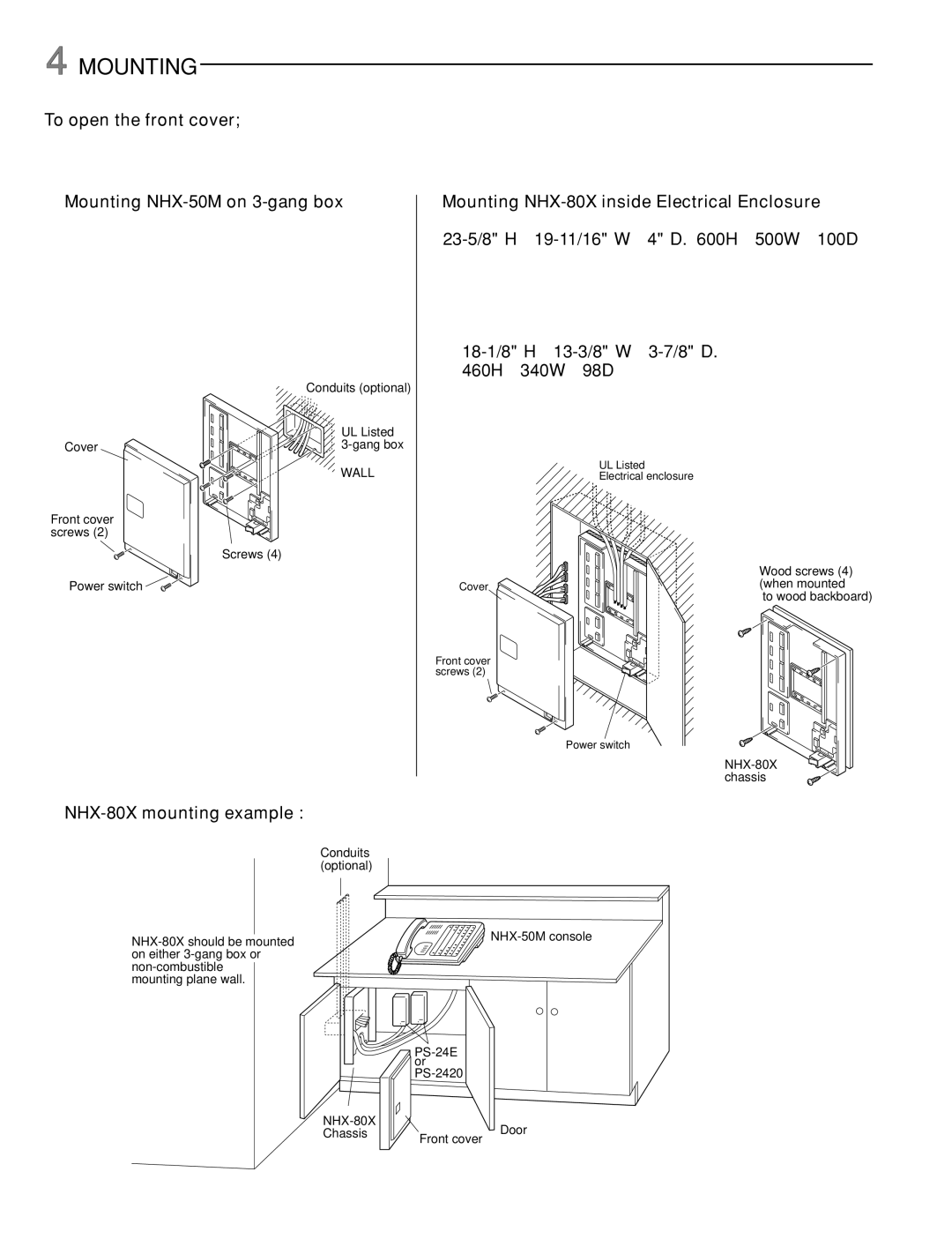 Aiphone 83873900 0602 E installation manual To open the front cover,  Mounting NHX-80X inside Electrical Enclosure 