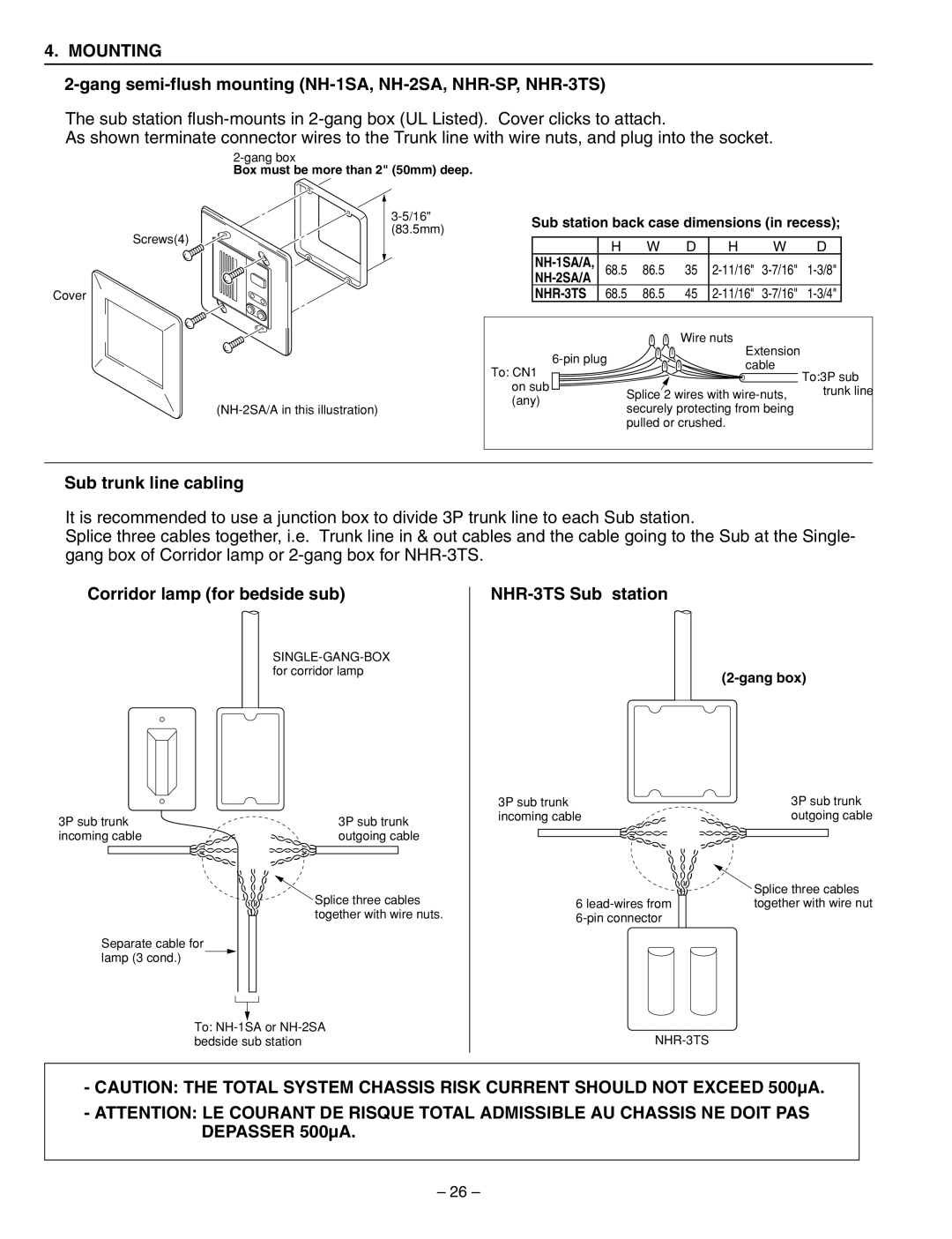 Aiphone 83873900 0602 E  Sub trunk line cabling, Corridor lamp for bedside sub, NHR-3TS Sub station, Gang box 