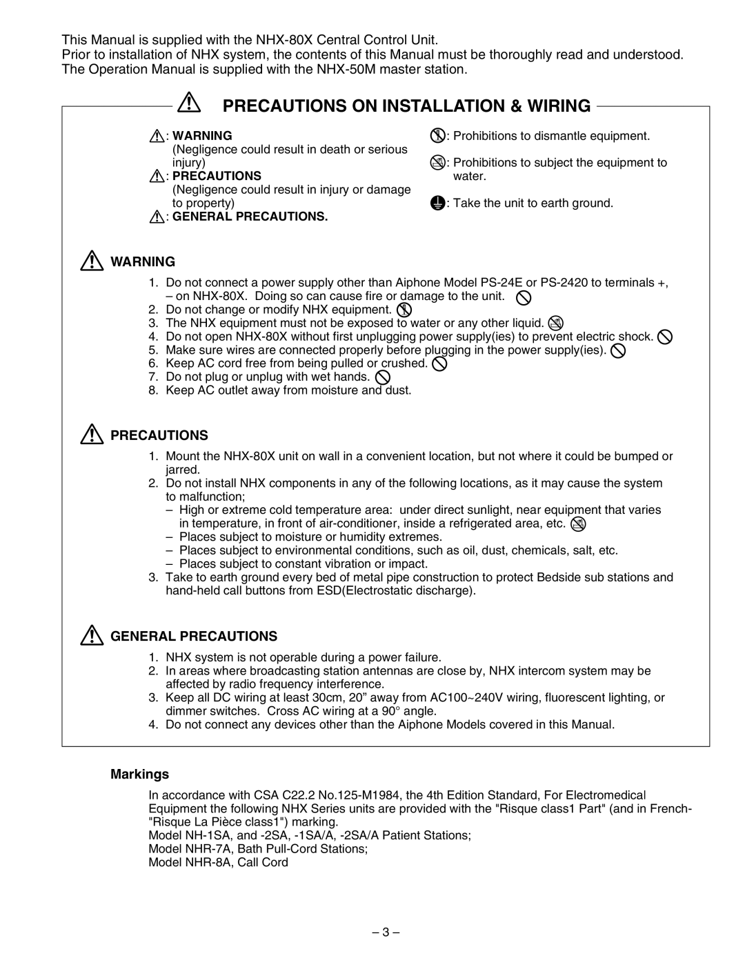 Aiphone 83873900 0602 E installation manual Precautions on Installation & Wiring, General Precautions, Markings 