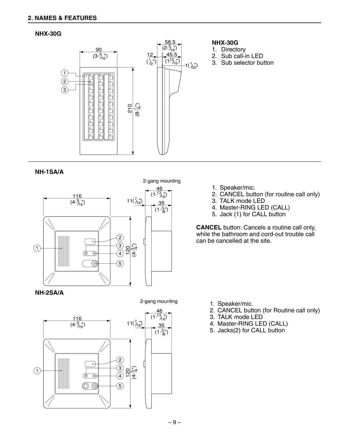 Aiphone 83873900 0602 E installation manual Names & Features,  NHX-30G,  NH-1SA/A,  NH-2SA/A 