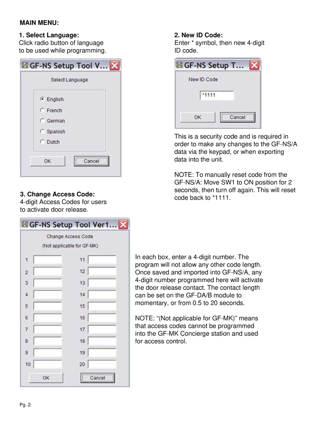 Aiphone GF-NS manual Main Menu, Select Language, Change Access Code, New ID Code 