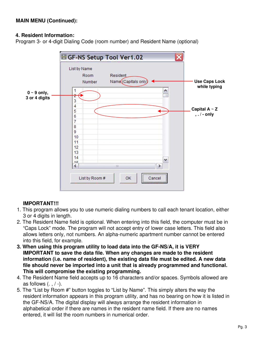 Aiphone GF-NS, A manual Main Menu Resident Information 