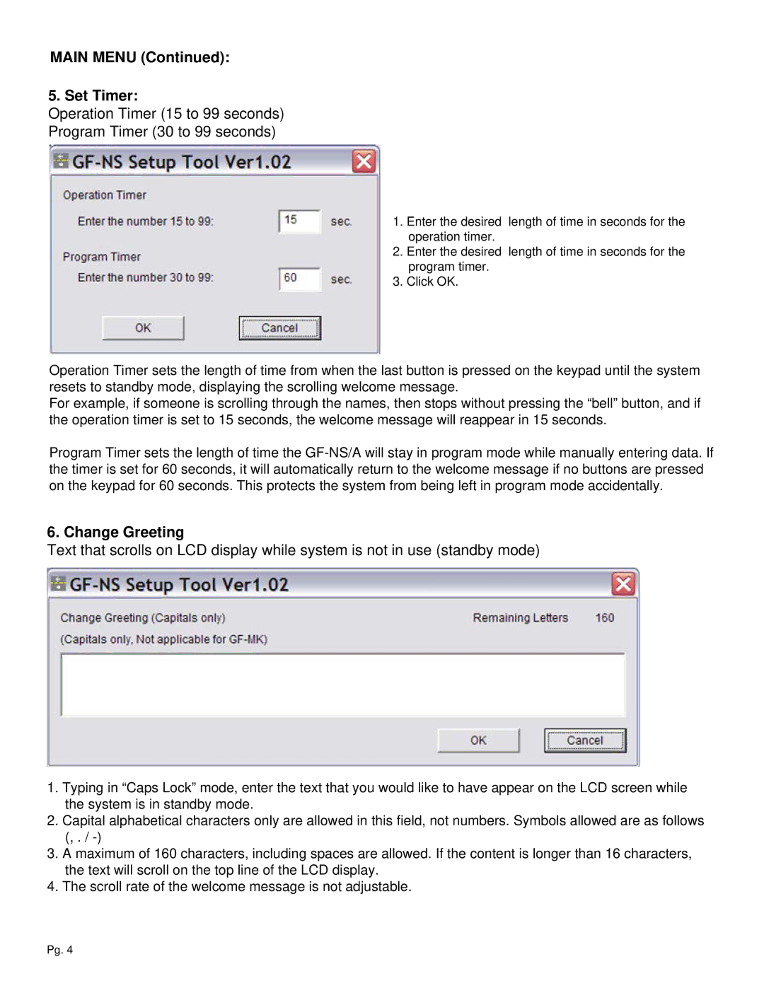 Aiphone A, GF-NS manual Main Menu Set Timer, Change Greeting 