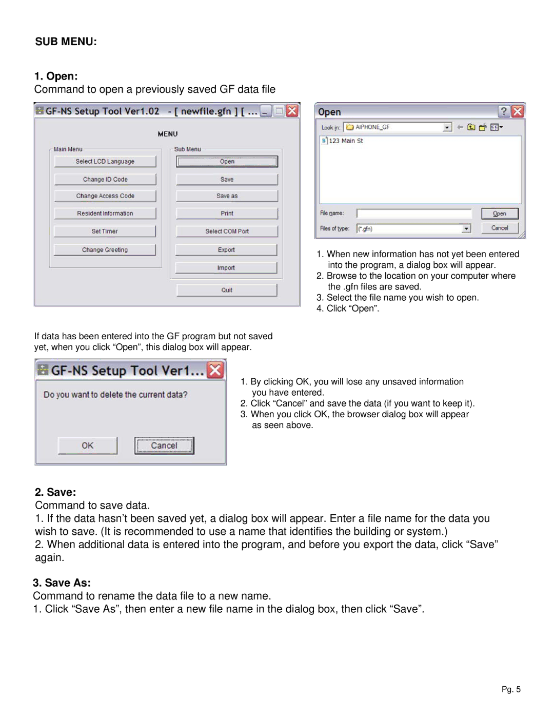 Aiphone GF-NS manual SUB Menu, Open, Command to open a previously saved GF data file, Save As 