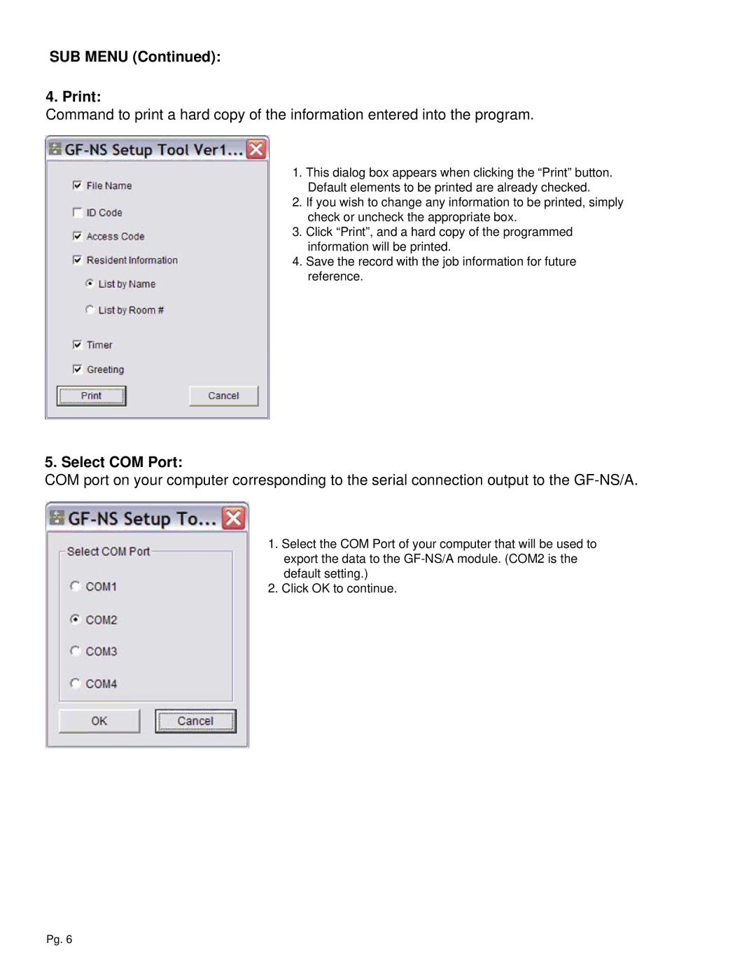 Aiphone A, GF-NS manual SUB Menu Print, Select COM Port 