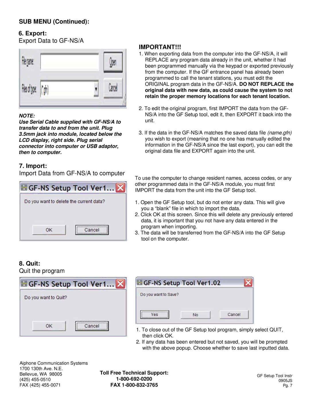 Aiphone GF-NS, A manual SUB Menu Export, Import, Quit 