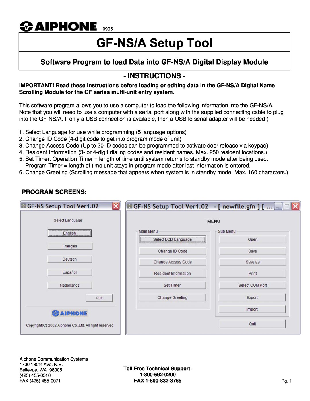 Aiphone manual Program Screens, Software Program to load Data into GF-NS/A Digital Display Module, Instructions 