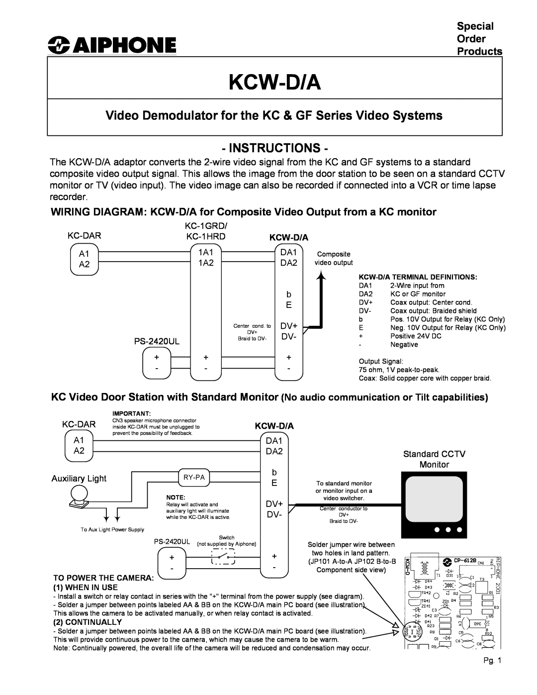 Aiphone manual Special Order Products, WIRING DIAGRAM KCW-D/A for Composite Video Output from a KC monitor, Kcw-D/A 