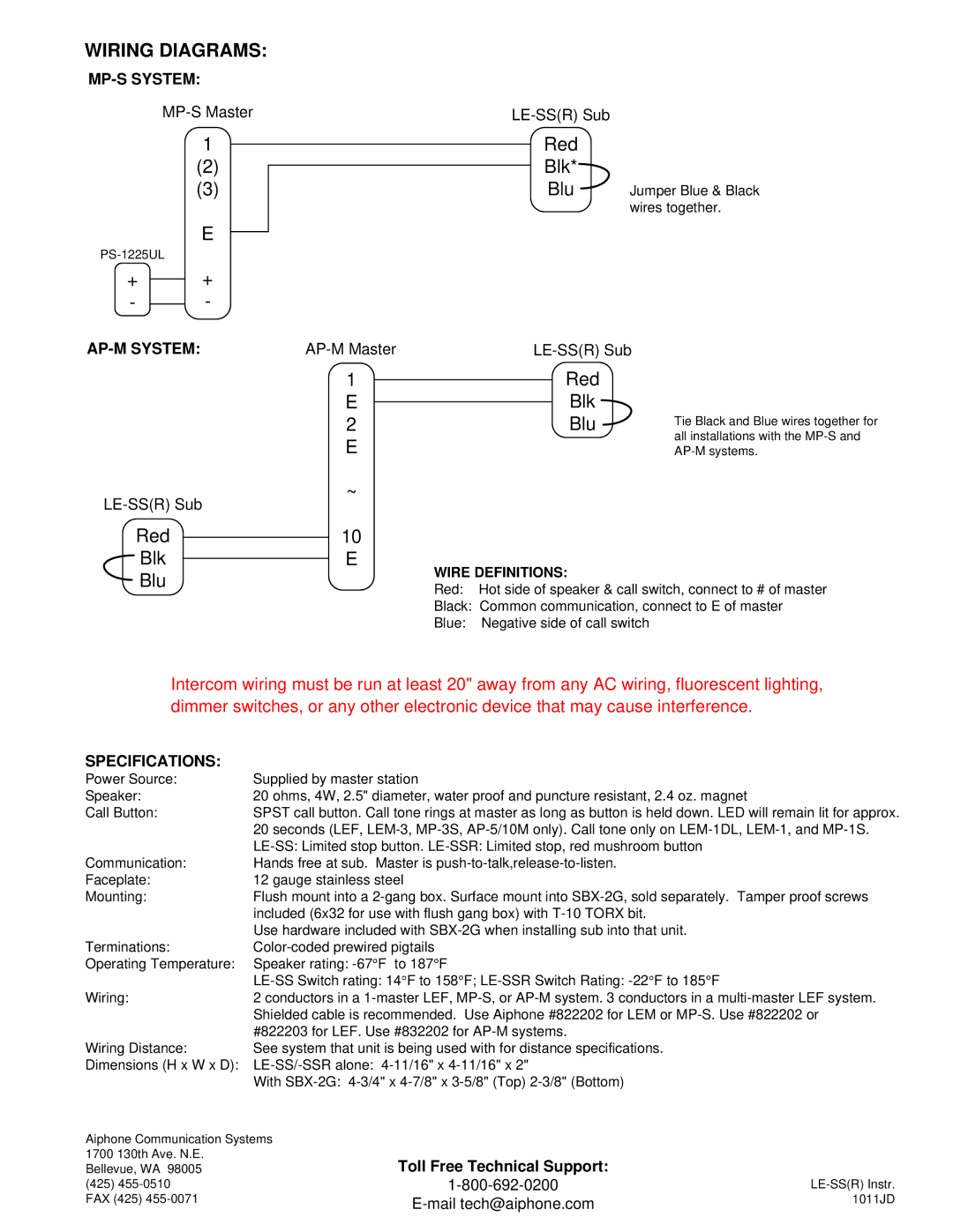 Aiphone LE-SS/LE-SSR manual MP-S System, AP-M System, Specifications 