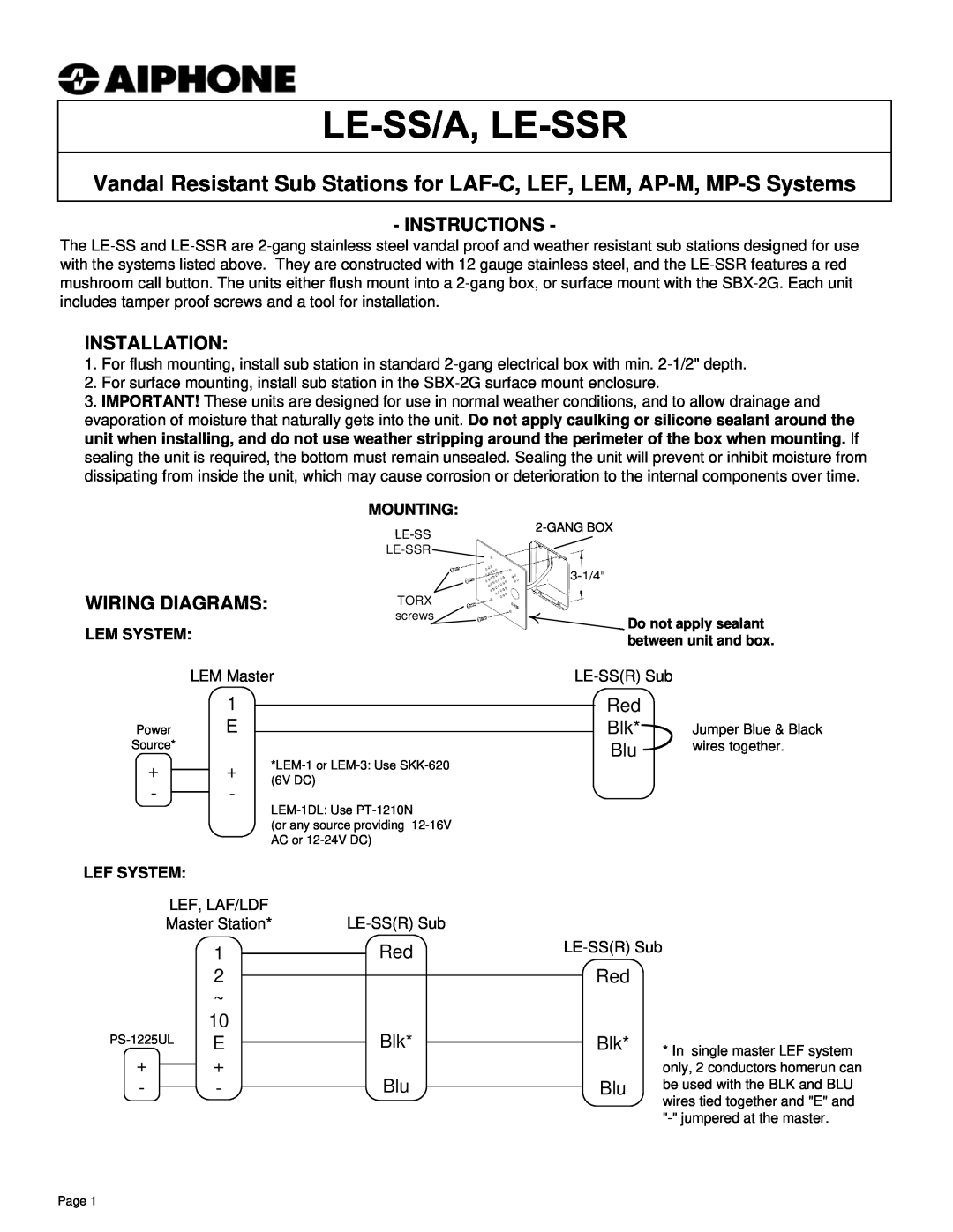 Aiphone LE-SS/LE-SSR/LE-SS-GP manual Instructions, Installation, Wiring Diagrams 