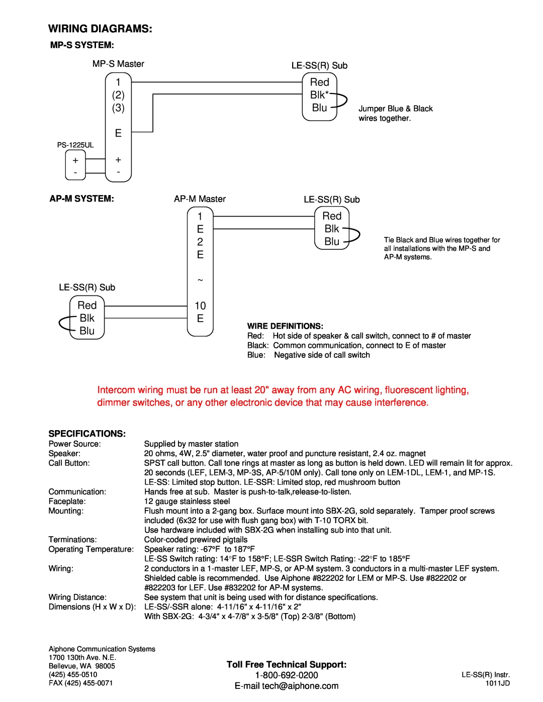Aiphone LE-SS/LE-SSR manual Mp-S System, Ap-M System, Specifications, Toll Free Technical Support, Wiring Diagrams 