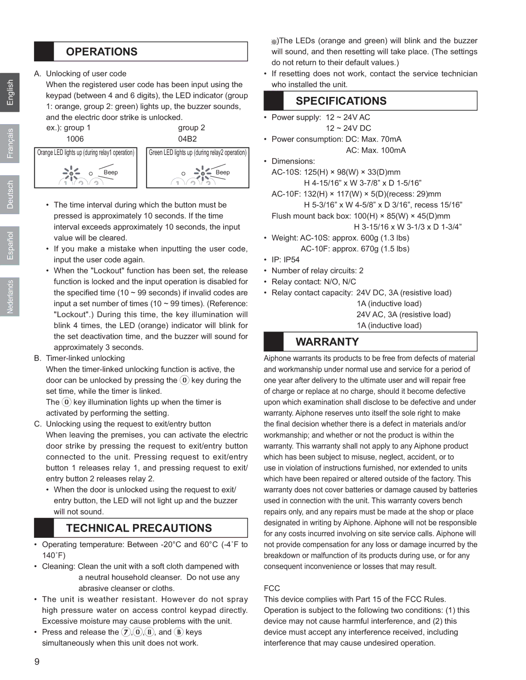 Aiphone AC-10F, AC-10S operation manual Operations, Technical Precautions, Specifications, Warranty 