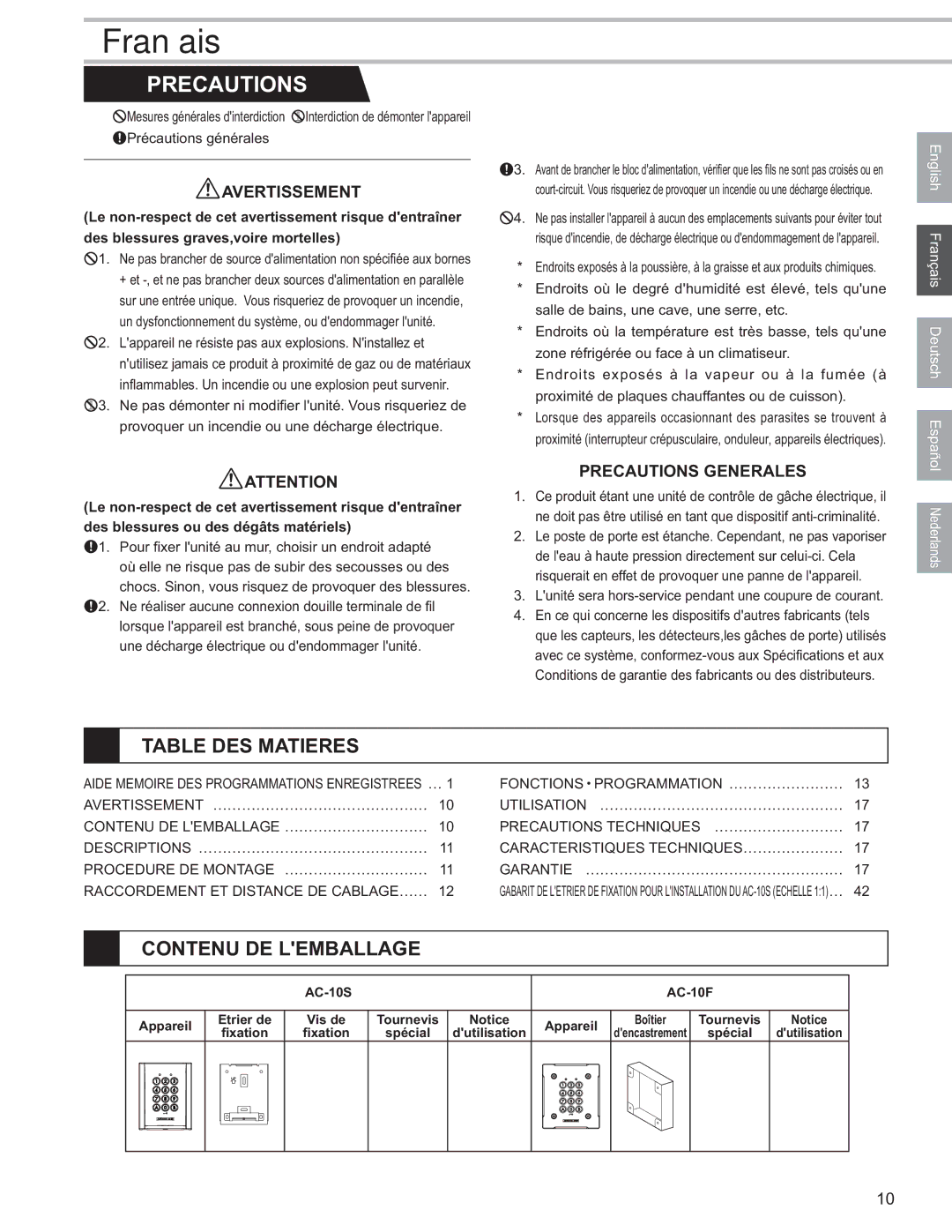 Aiphone AC-10S, AC-10F operation manual Table DES Matieres, Contenu DE Lemballage, English Français Deutsch Español 