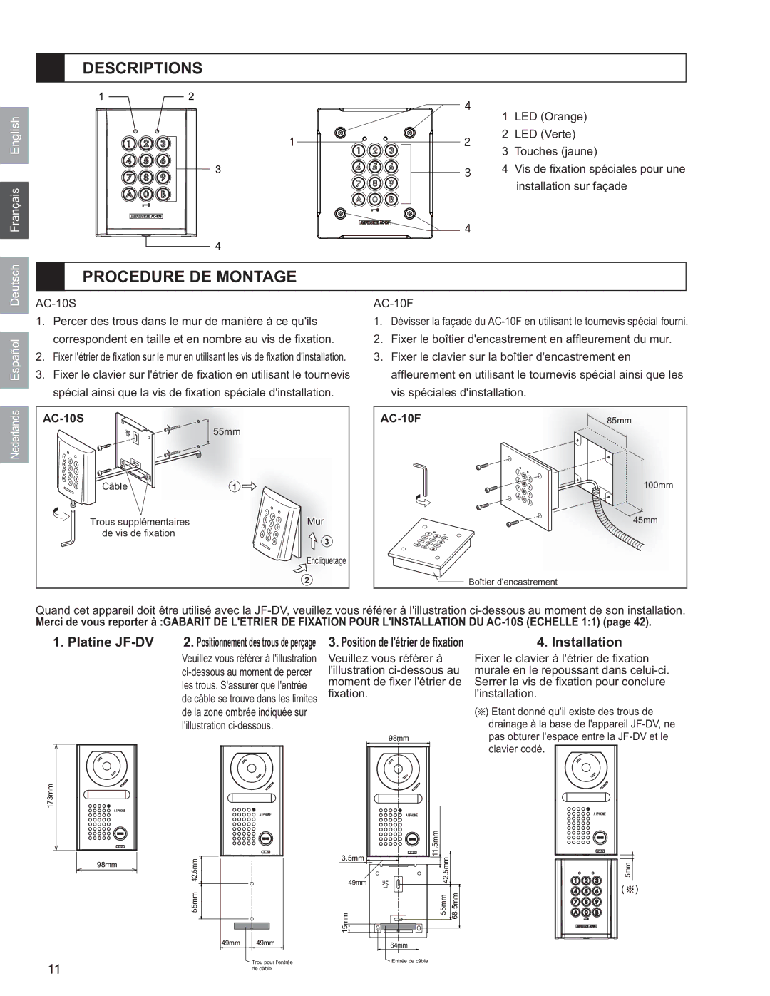 Aiphone AC-10F, AC-10S operation manual Descriptions, Procedure DE Montage 