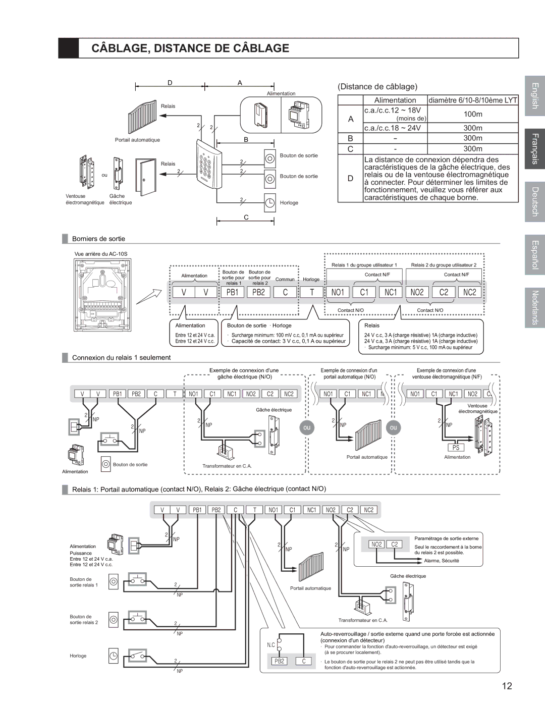 Aiphone AC-10S, AC-10F operation manual CÂBLAGE, Distance DE Câblage, Distance de câblage 