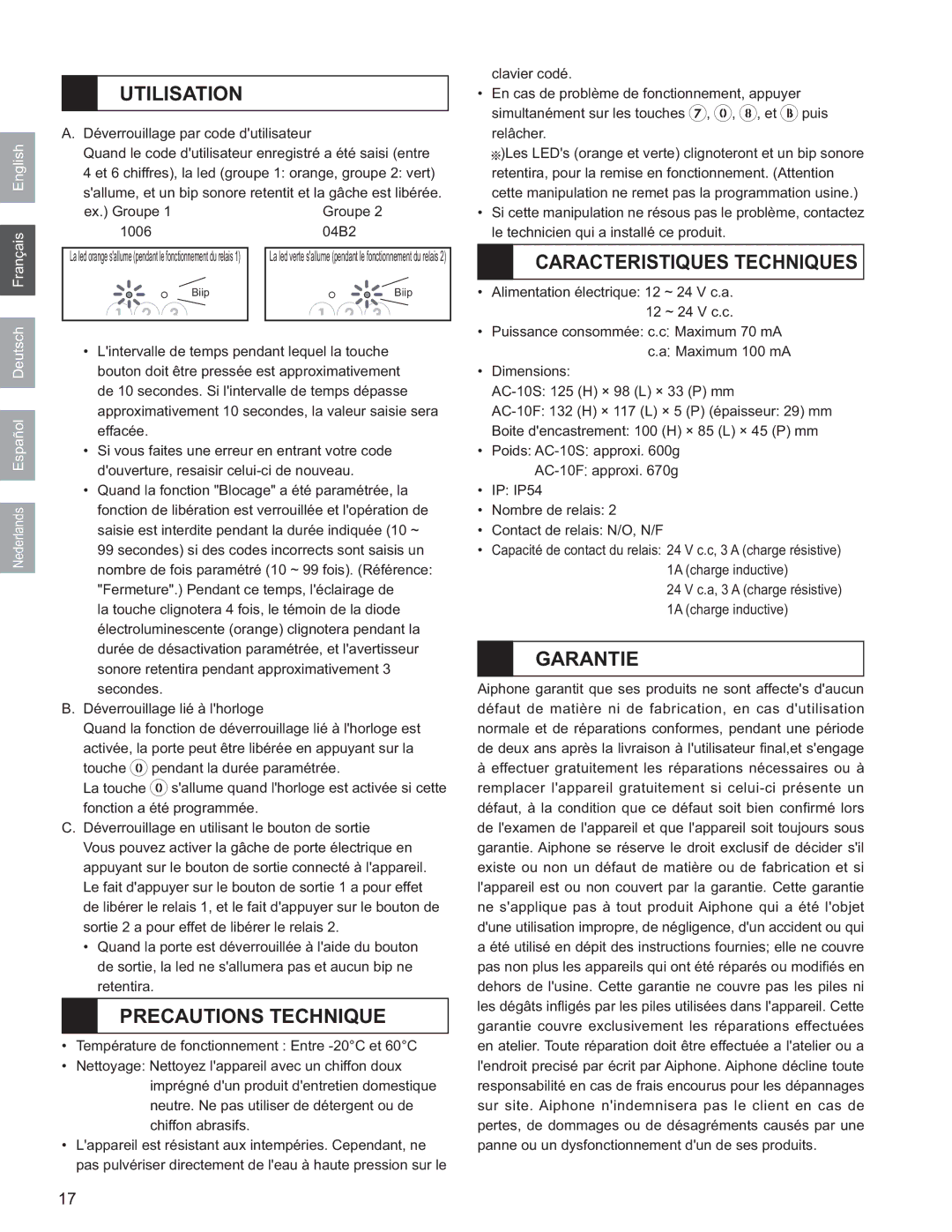 Aiphone AC-10F, AC-10S operation manual Utilisation, Precautions Technique, Caracteristiques Techniques, Garantie 