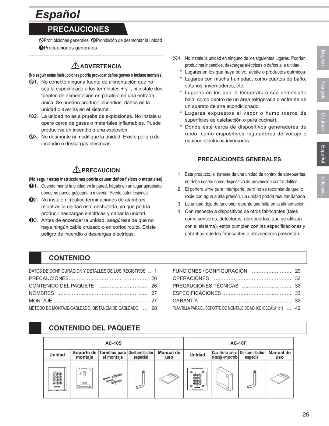 Aiphone AC-10S, AC-10F operation manual Contenido DEL Paquete, PRECAUCIONES………………………………………… Operaciones ………………………………………… 