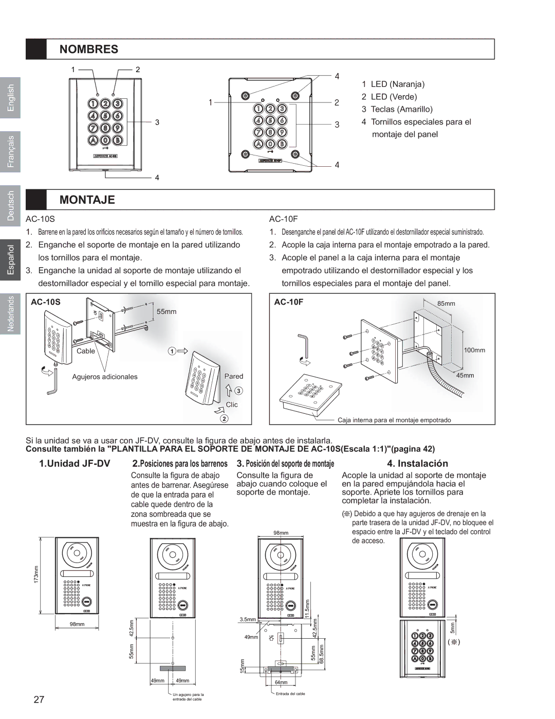 Aiphone AC-10F, AC-10S operation manual Nombres, Montaje 