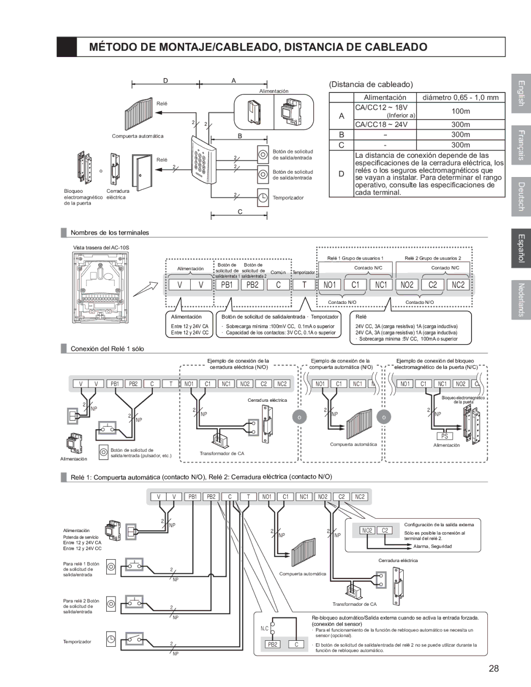 Aiphone AC-10S, AC-10F operation manual Método DE MONTAJE/CABLEADO, Distancia DE Cableado, Distancia de cableado 