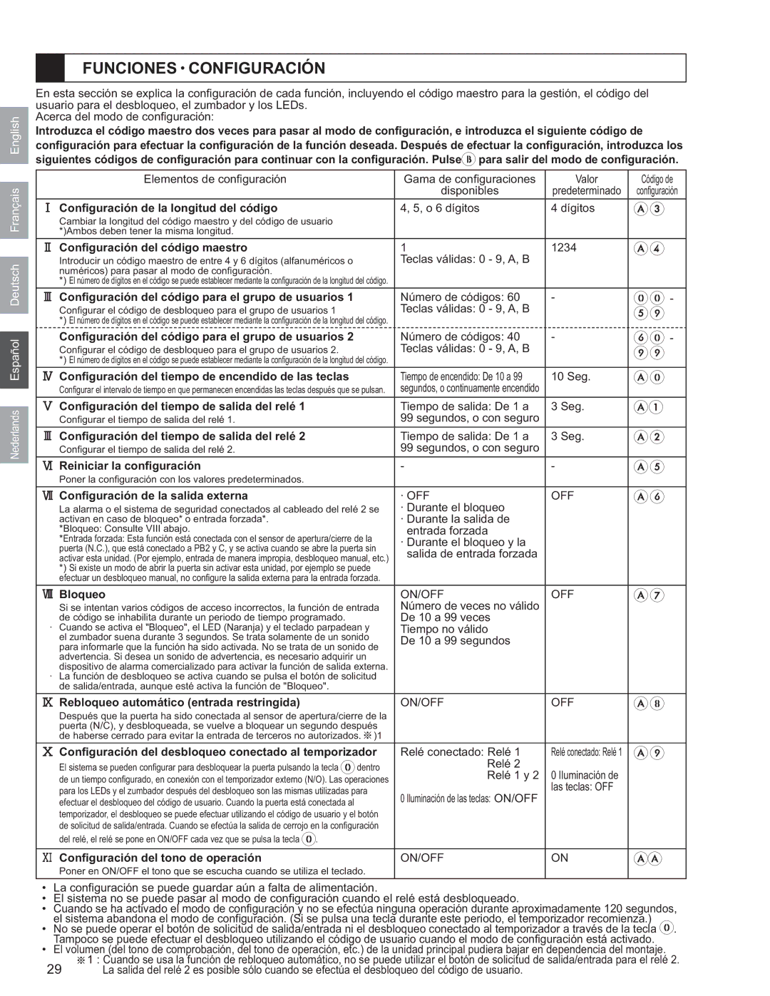 Aiphone AC-10F, AC-10S operation manual Funciones Configuración 