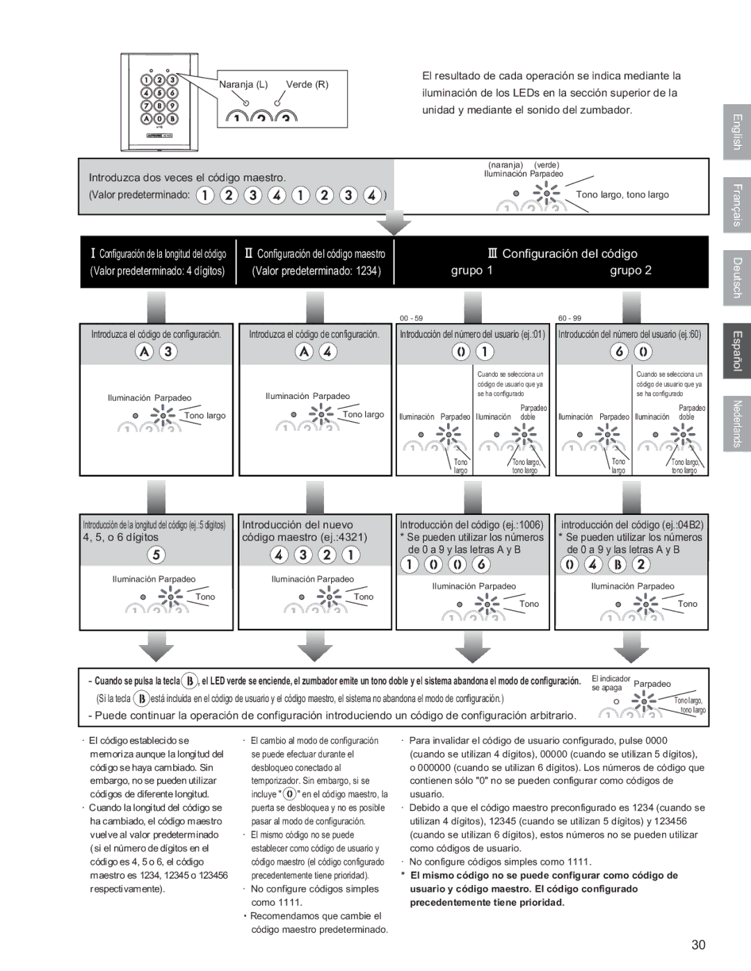 Aiphone AC-10S, AC-10F operation manual Configuración del código maestro, Valor predeterminado Grupo 