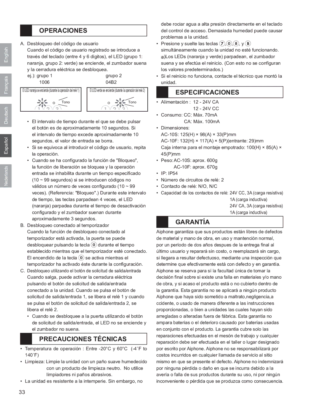 Aiphone AC-10F, AC-10S operation manual Operaciones, Precauciones Técnicas, Especificaciones, Garantía 