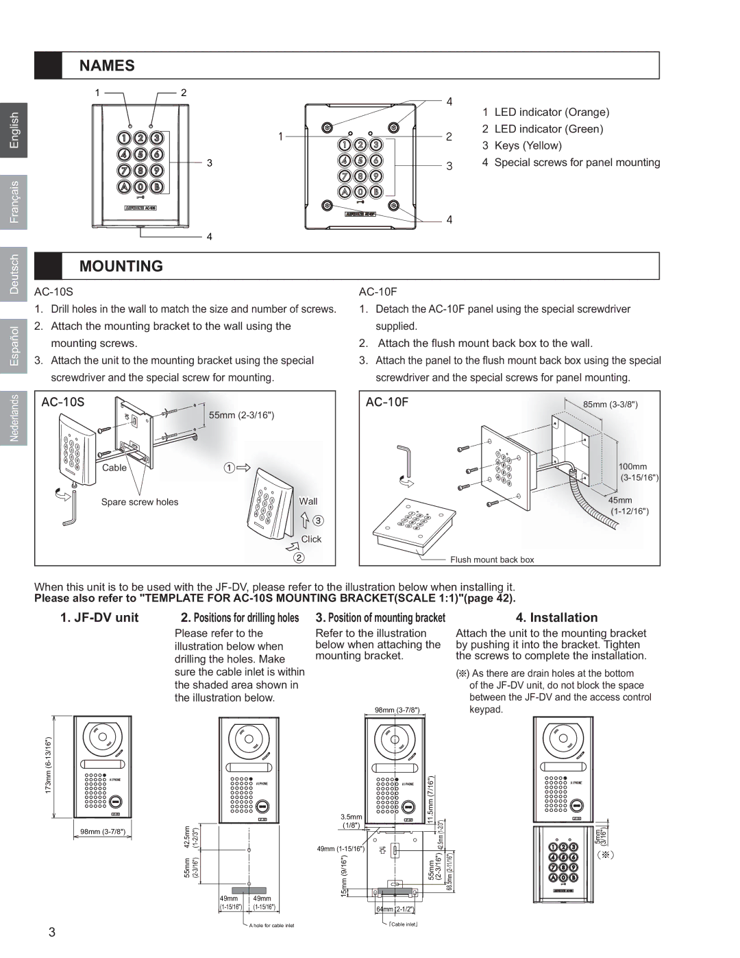 Aiphone AC-10F, AC-10S operation manual Names, Mounting, Français English, Deutsch, Español 