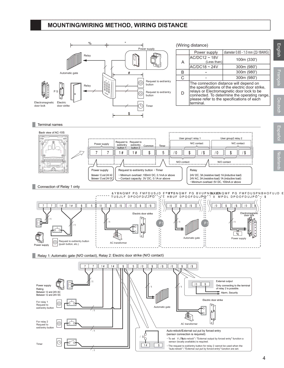 Aiphone AC-10S, AC-10F operation manual MOUNTING/WIRING METHOD, Wiring Distance, Wiring distance, Français Deutsch 