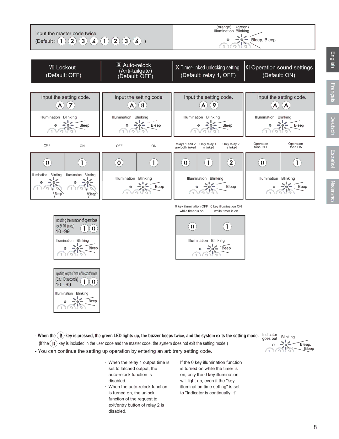 Aiphone AC-10S, AC-10F operation manual Lockout Default OFF Auto-relock, Operation sound settings, Anti-tailgate 