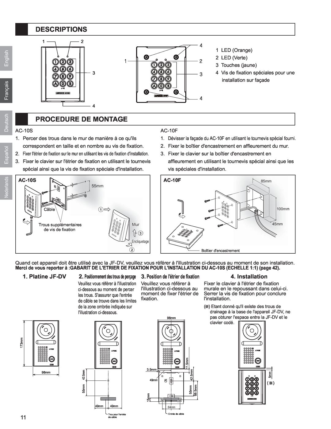 Aiphone AC-10F, AC-10S operation manual Descriptions, Procedure De Montage, Platine JF-DV, Installation, Français English 