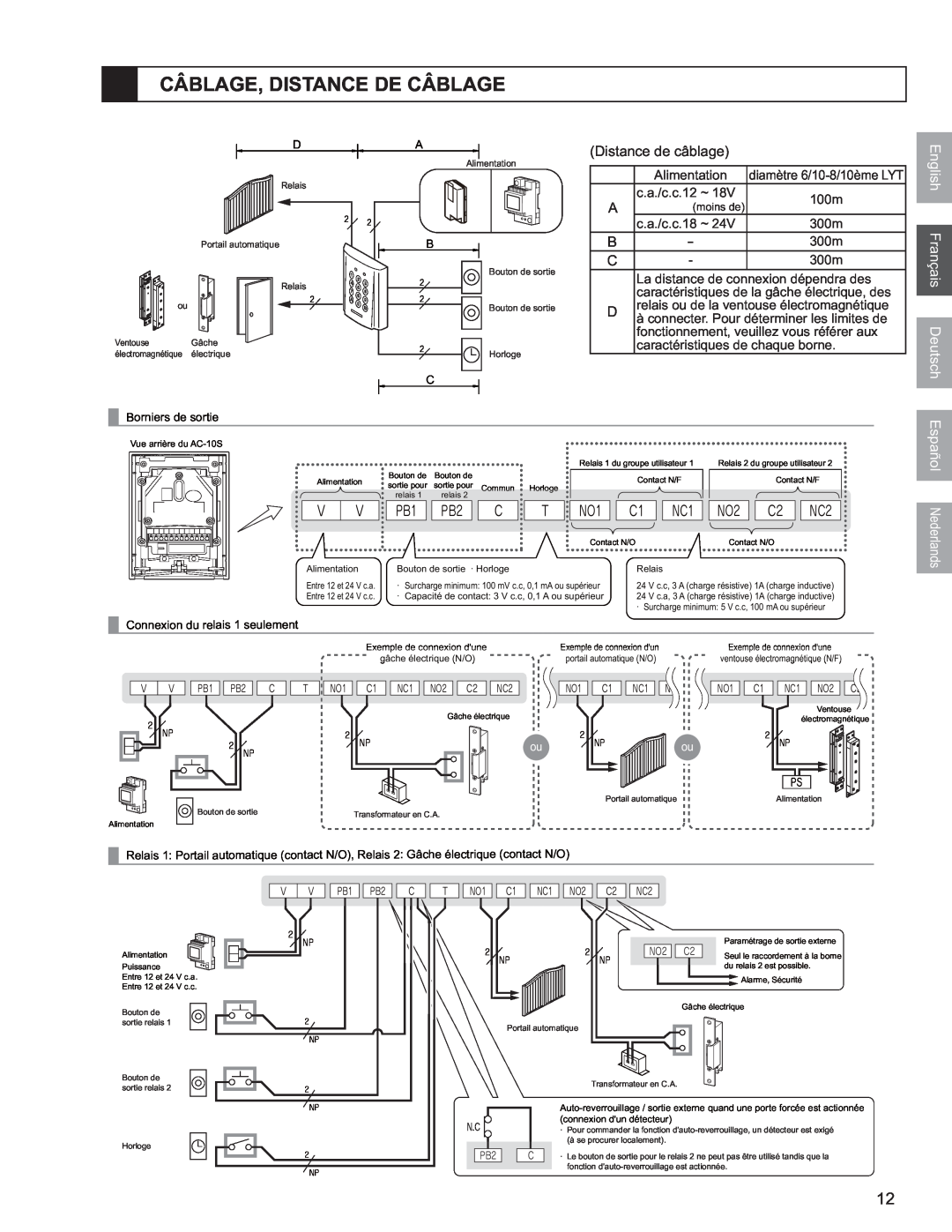 Aiphone AC-10S, AC-10F operation manual Câblage, Distance De Câblage, Distance de câblage, English Français Deutsch 
