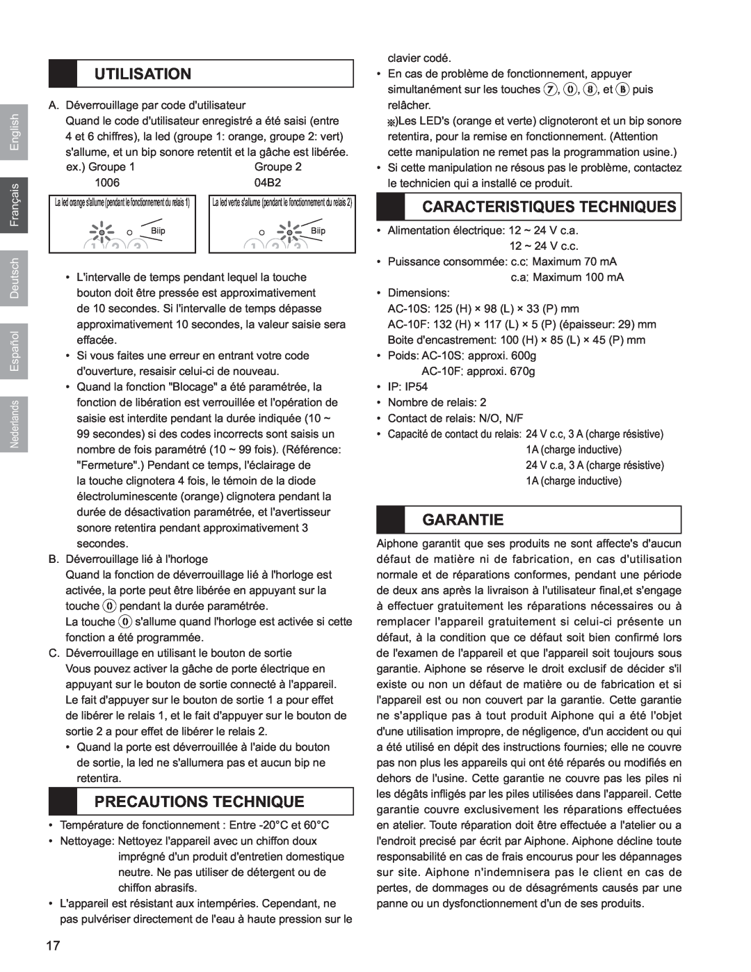Aiphone AC-10F, AC-10S operation manual Utilisation, Precautions Technique, Caracteristiques Techniques, Garantie 