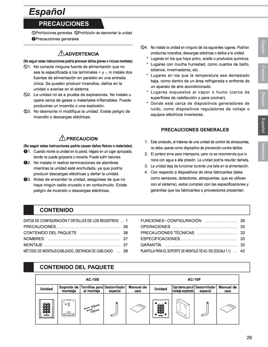 Aiphone AC-10S, AC-10F operation manual Español, Contenido Del Paquete, Advertencia, Precauciones Generales 