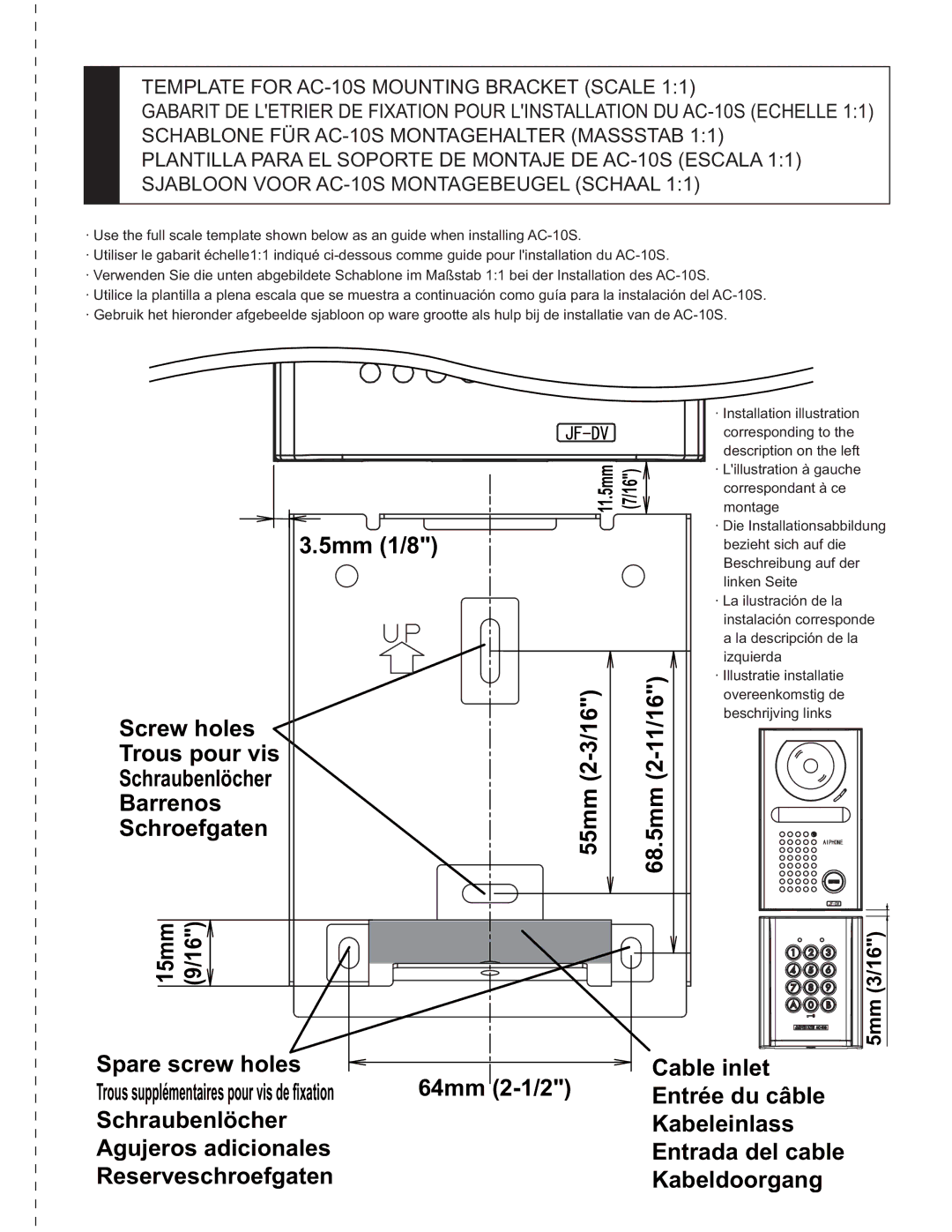 Aiphone AC-10S operation manual 5mm 1/8 16-2 Screw holes Trous pour vis Schraubenlöcher 