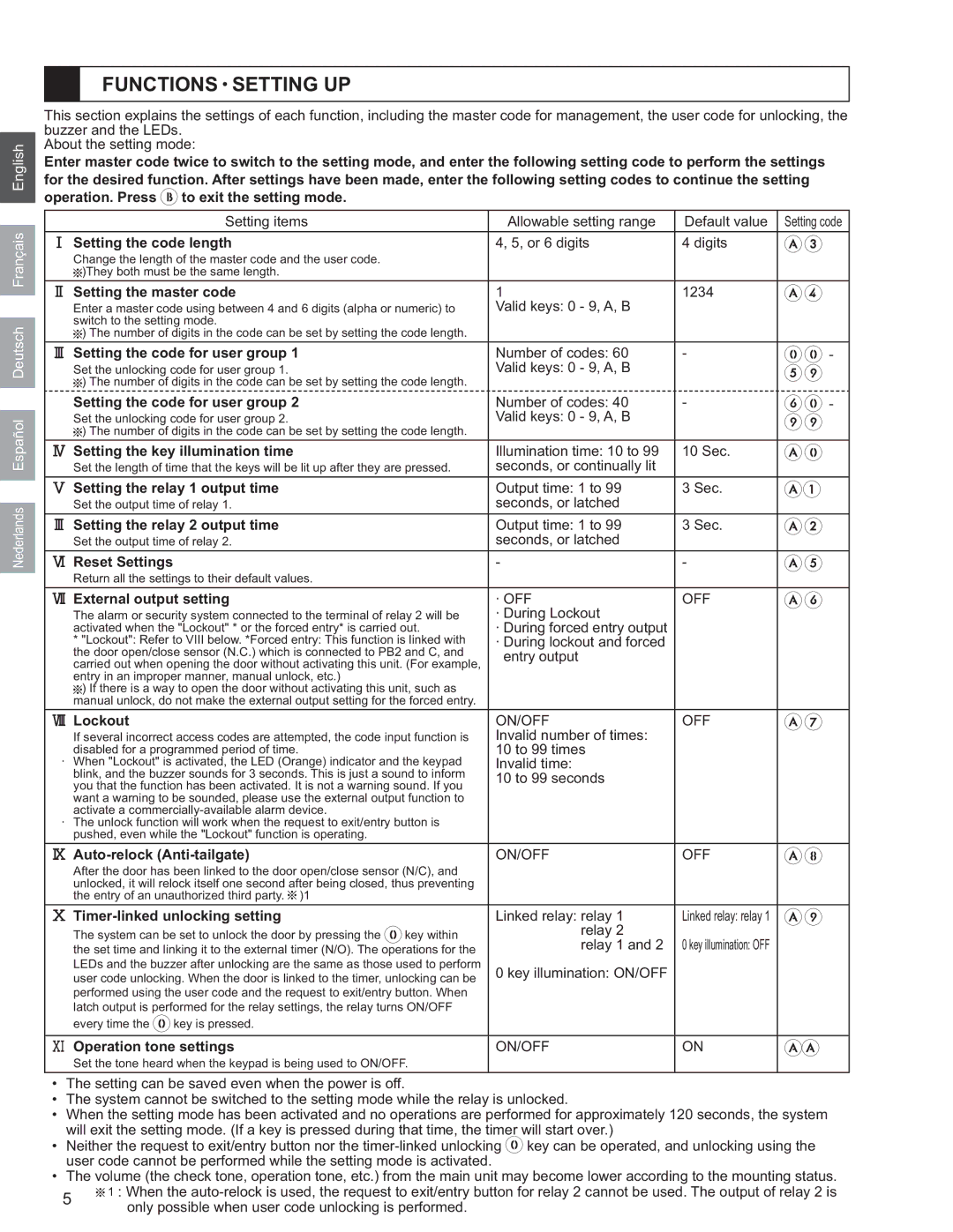 Aiphone AC-10S operation manual Functions Setting UP 