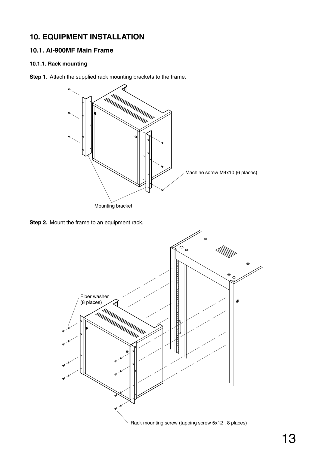 Aiphone installation manual Equipment Installation, AI-900MF Main Frame, Rack mounting 