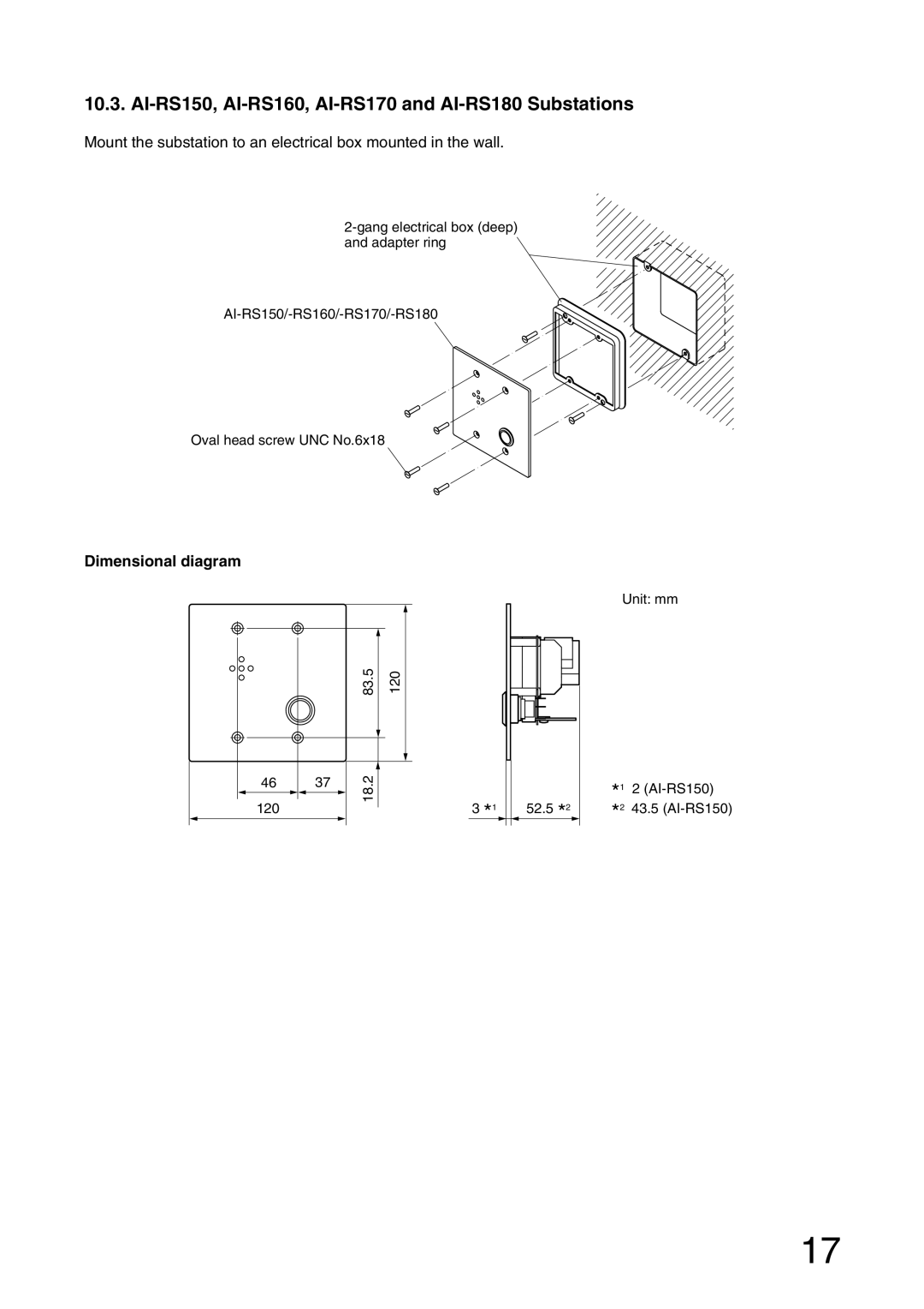 Aiphone AI-900 installation manual AI-RS150, AI-RS160, AI-RS170 and AI-RS180 Substations, Dimensional diagram 