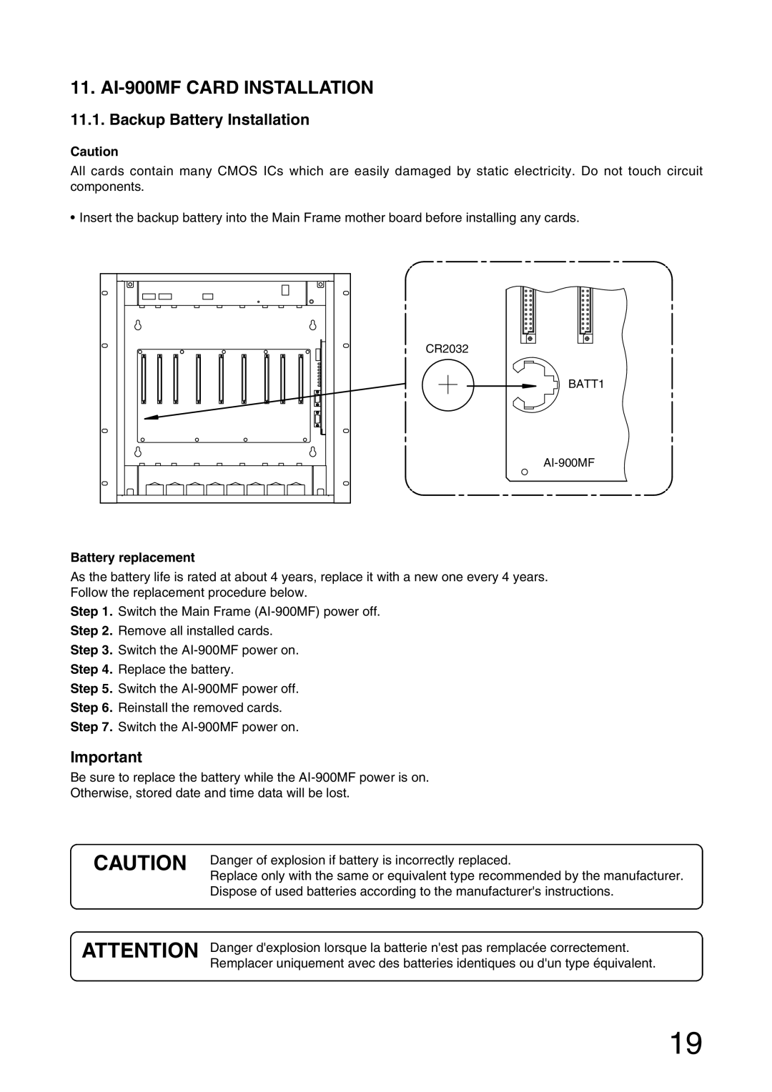 Aiphone installation manual AI-900MF Card Installation, Backup Battery Installation, Battery replacement 