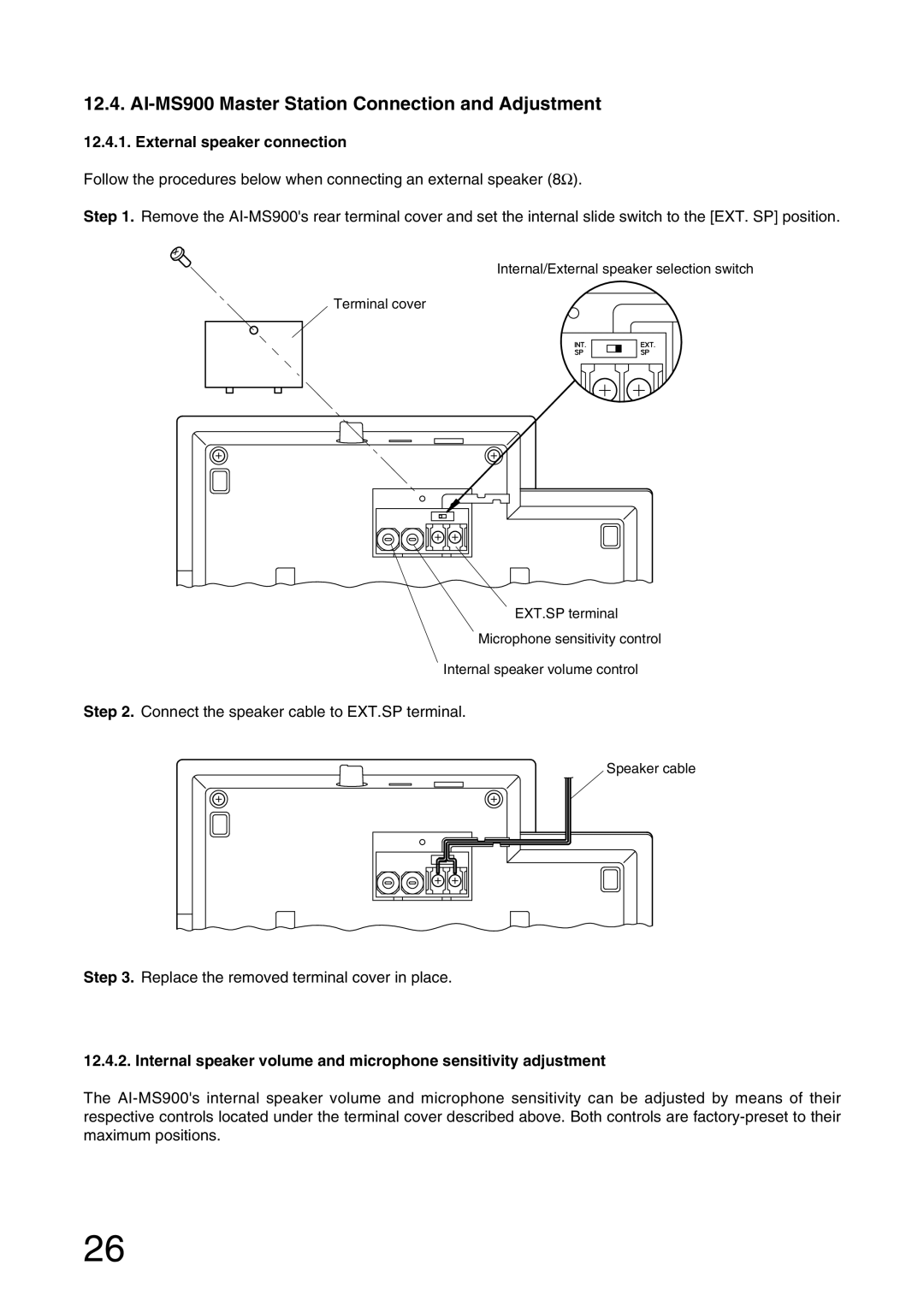 Aiphone AI-900 installation manual AI-MS900 Master Station Connection and Adjustment, External speaker connection 