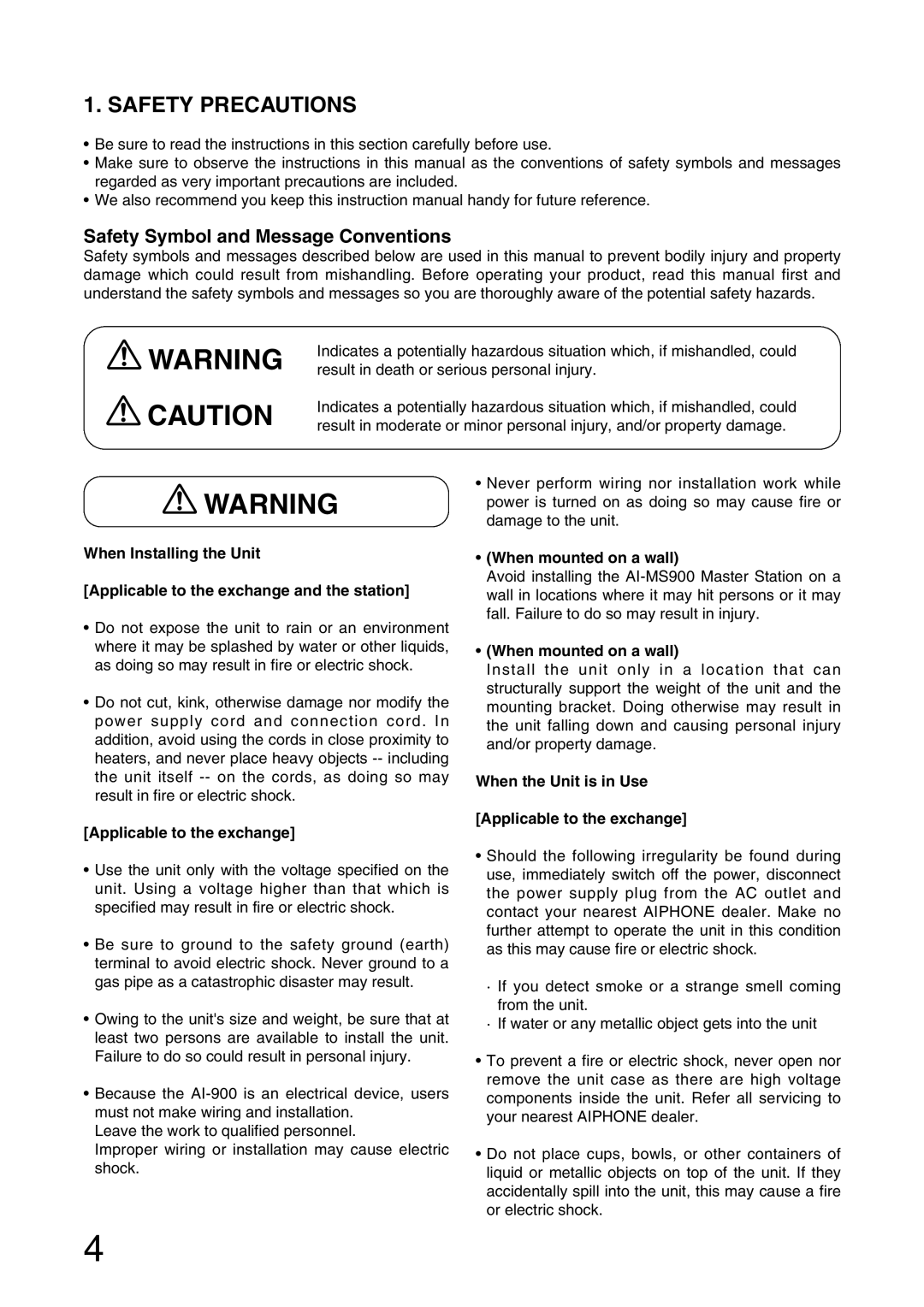 Aiphone AI-900 installation manual Safety Precautions, Safety Symbol and Message Conventions, Applicable to the exchange 