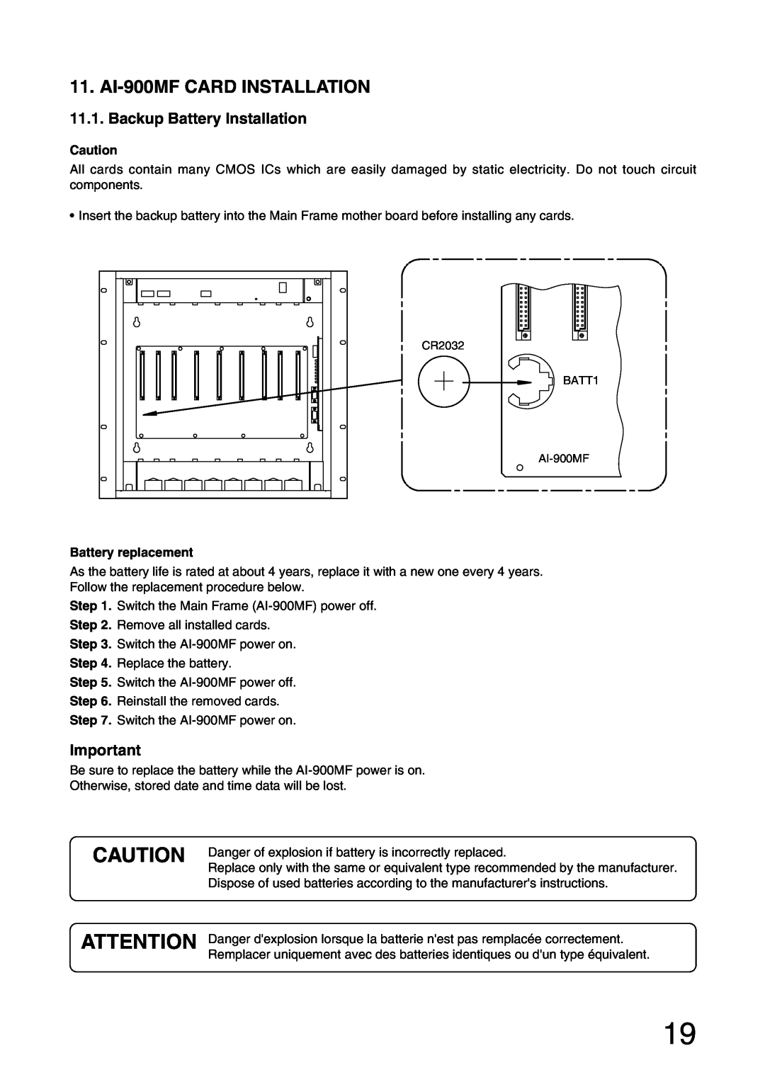 Aiphone installation manual AI-900MFCARD INSTALLATION, Backup Battery Installation, Battery replacement 