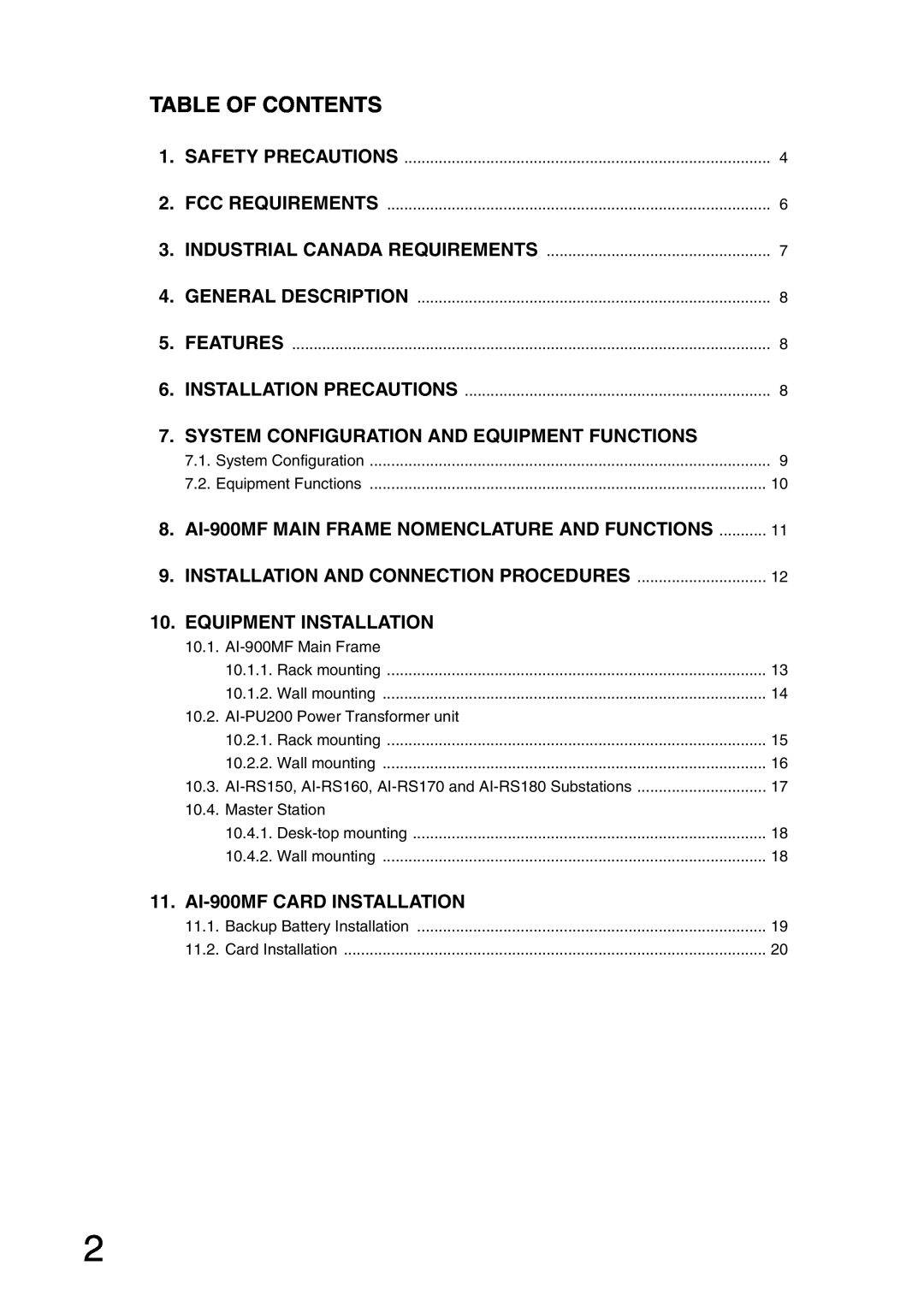 Aiphone AI-900 installation manual Table Of Contents 