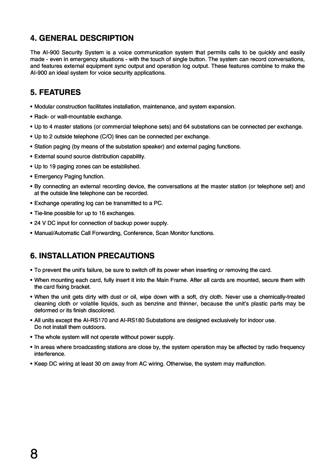 Aiphone AI-900 installation manual General Description, Features, Installation Precautions 
